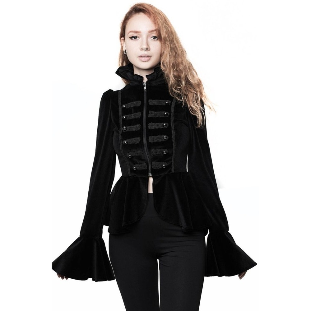 Killstar Gothic Velvet Military Jacket Black Ruffle Peplum Memento Mori Large
